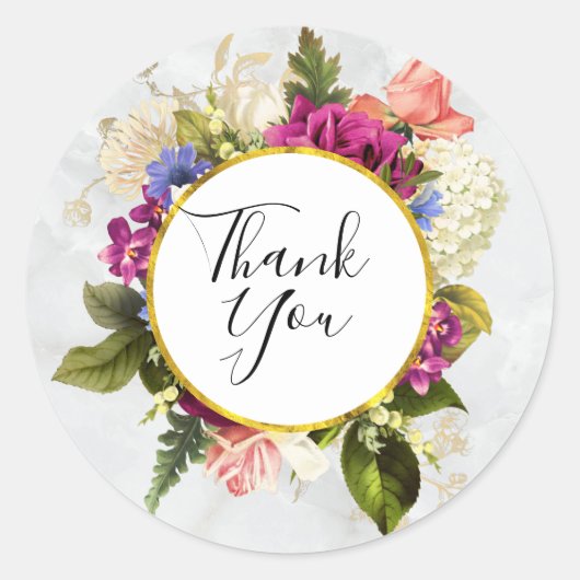 ピンクモダンと白の水彩花ありがとう ラウンドシール (正面)
