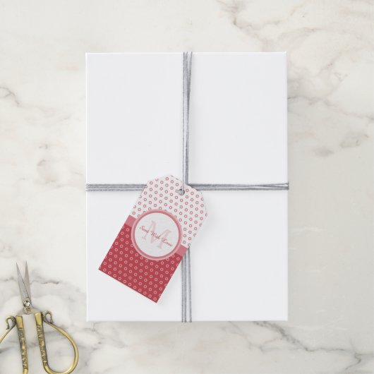 ピンクモダンと白の水玉模様モノグラム ギフトタグ (より糸付き)