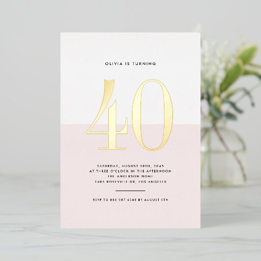 ピンクモダンと白40歳の誕生日ゴールドフォイル 箔招待状 (立ち正面)