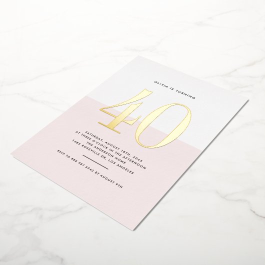 ピンクモダンと白40歳の誕生日ゴールドフォイル 箔招待状 (回転した状態)