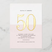 ピンクモダンと白50誕生日金箔 箔招待状 (正面)