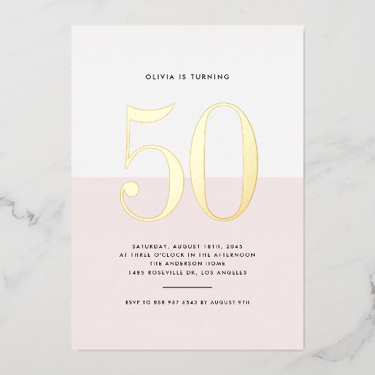 ピンクモダンと白50誕生日金箔 箔招待状 (正面)