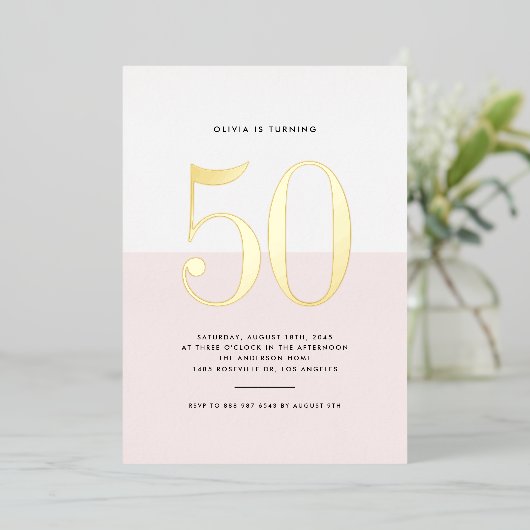 ピンクモダンと白50誕生日金箔 箔招待状 (立ち正面)