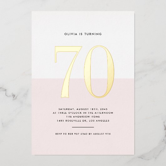 ピンクモダンと白70誕生日金箔 箔招待状 (正面)