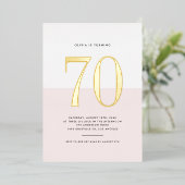ピンクモダンと白70誕生日金箔 箔招待状 (立ち正面)