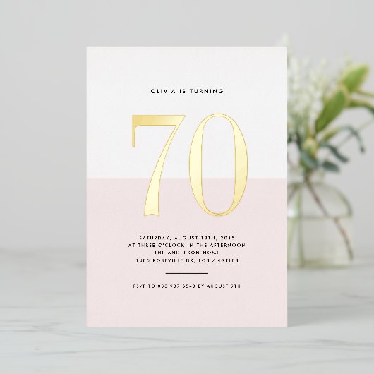 ピンクモダンと白70誕生日金箔 箔招待状 (立ち正面)