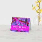 ピンクモダンと紫の網掛け幾何学的抽象芸術 カード (黄色い花)