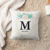 ピンクモダンと緑の水色の多肉植物モノグラム クッション (ブランケット)