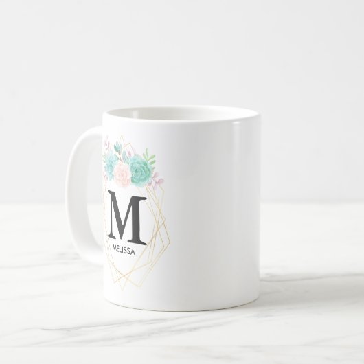 ピンクモダンと緑の水色の多肉植物モノグラム コーヒーマグカップ (正面左)