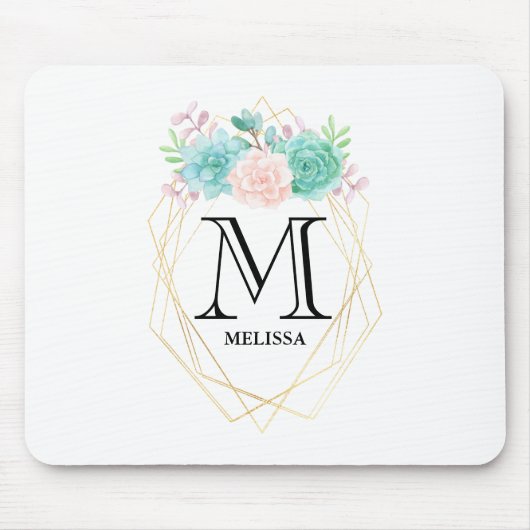 ピンクモダンと緑の水色の多肉植物モノグラム マウスパッド (正面)