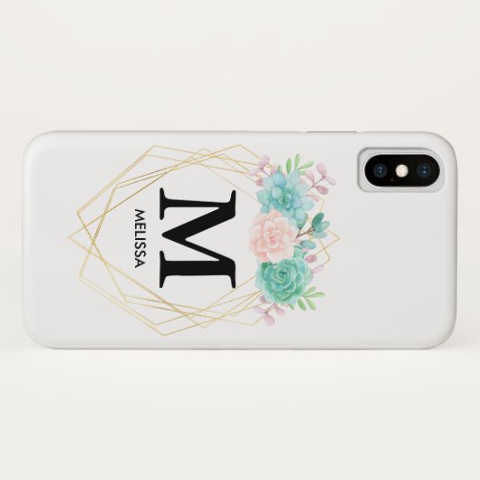 ピンクモダンと緑の水色の多肉植物モノグラム Case-Mate iPhoneケース (裏面(横))