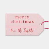 ピンクモダンと赤のお洒落クリスマスの姓 ギフトタグ (正面(横))