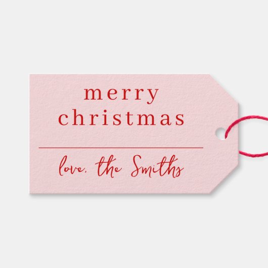 ピンクモダンと赤のお洒落クリスマスの姓 ギフトタグ (正面(横))