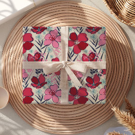 ピンクモダンと赤のフローラ誕生日 ラッピングペーパー