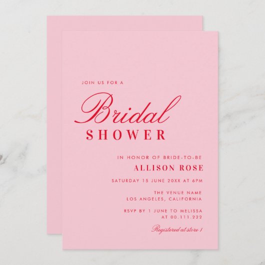 ピンクモダンと赤のブライダルシャワー 招待状 (正面/裏面)