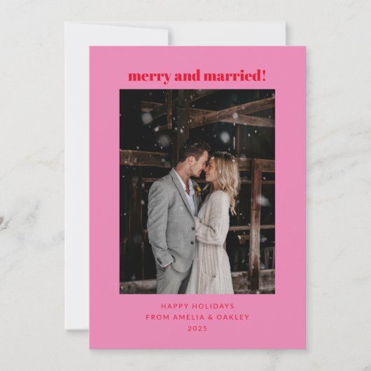 ピンクモダンと赤のメリーク結婚したリスマス シーズンカード (正面)