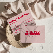 ピンクモダンと赤のレトロのはっきりしたおもしろいユニークの結婚値 出欠カード