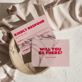 ピンクモダンと赤のレトロのはっきりしたおもしろいユニークの結婚値 出欠カード