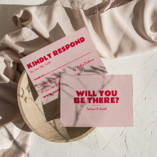 ピンクモダンと赤のレトロのはっきりしたおもしろいユニークの結婚値 出欠カード