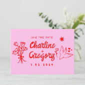 ピンクモダンと赤の手書き結婚式の日付を保存 招待状 (スタンド正面)