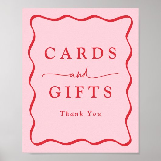 ピンクモダンと赤の波状のフレームカードとギフト ポスター (正面)