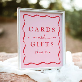 ピンクモダンと赤の波状のフレームカードとギフト ポスター