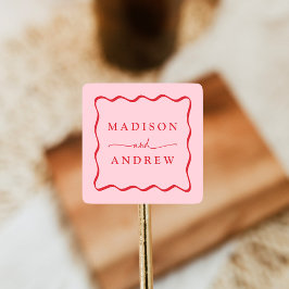 ピンクモダンと赤の波状のフレ結婚ーム スクエアシール