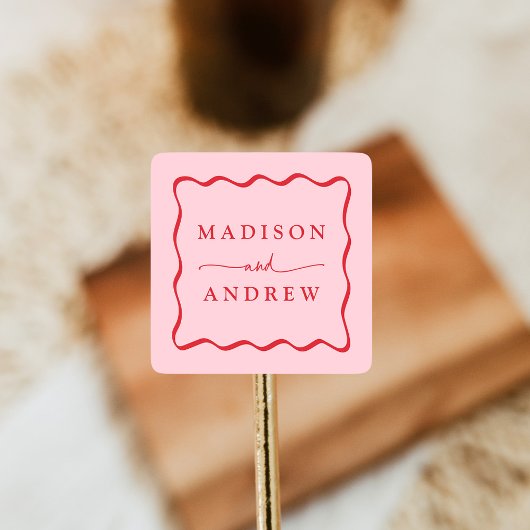 ピンクモダンと赤の波状のフレ結婚ーム スクエアシール