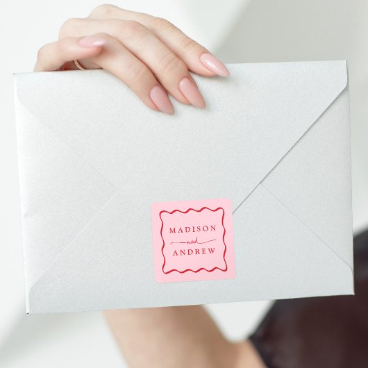 ピンクモダンと赤の波状のフレ結婚ーム スクエアシール