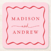 ピンクモダンと赤の波状のフレ結婚ーム スクエアペーパーコースター (正面)