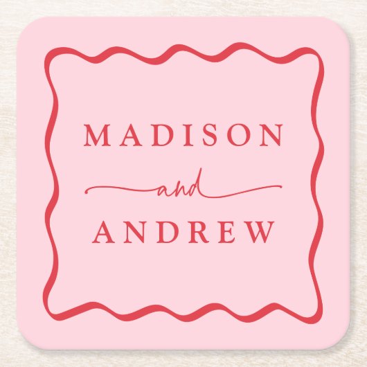 ピンクモダンと赤の波状のフレ結婚ーム スクエアペーパーコースター (正面)