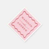 ピンクモダンと赤の波状のフレ結婚ーム スタンダードカクテルナプキン (角)