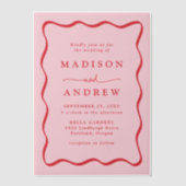 ピンクモダンと赤の波状のフレ結婚ーム ベラム紙招待状 (正面)