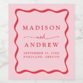 ピンクモダンと赤の波状のフレ結婚ーム ワインラベル (シングルラベル)