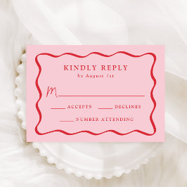 ピンクモダンと赤の波状のフレ結婚ーム 出欠カード
