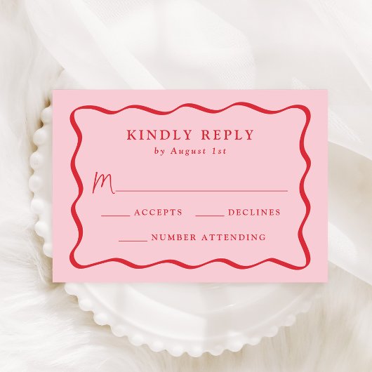ピンクモダンと赤の波状のフレ結婚ーム 出欠カード