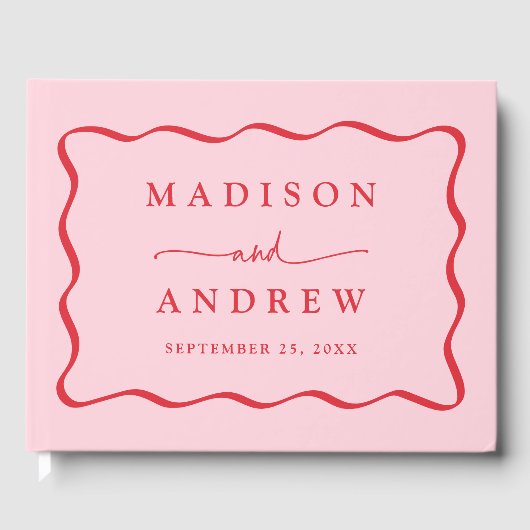ピンクモダンと赤の波状フレームの写真結婚の ゲストブック (正面)