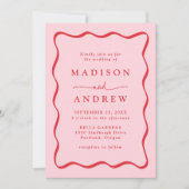 ピンクモダンと赤の波状フレームの写真結婚の 招待状 (正面)