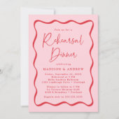 ピンクモダンと赤の波状フレームリハーサルディナー 招待状 (正面)