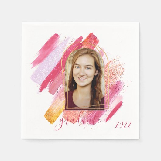 ピンクモダンと金ゴールドのアーチ型の卒業写真 スタンダードカクテルナプキン (正面)