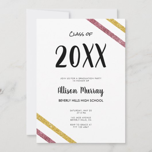 ピンクモダンと金ゴールドのグリッタースクリプト写真の卒業 招待状 (正面)