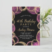 ピンクモダンと金ゴールドのサークルブラック40歳の誕生日 招待状 (スタンド正面)