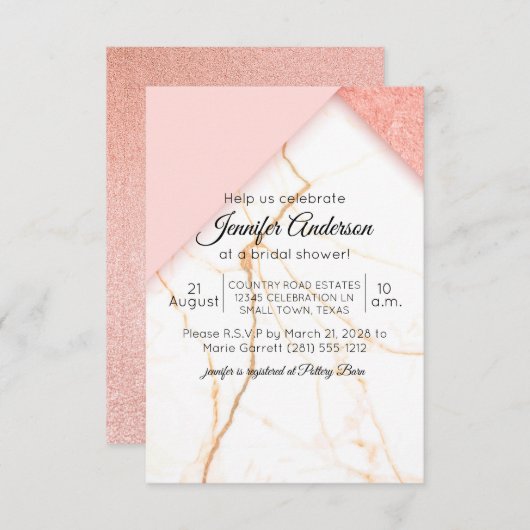 ピンクモダンと金ゴールドの大理石シャワー招待状 (正面/裏面)