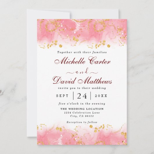 ピンクモダンと金ゴールドの大理石結婚式招待状 セーブザデート (正面)