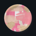 ピンクモダンと金ゴールドグリッターの抽象芸術パターン ペーパープレート<br><div class="desc">およびフェミニントレンディーカスタム紙プレートは、金ゴールドグリッターアクセント付きピンクのブラシパターンを特徴とする。名前または短いフレーズを追加してパーソナライズする。これらのモダン紙プレートは、誕生日、赤ん坊シャワー、ブライダルシャワーなどに最適である。一致するアイテムが使用可能。</div>