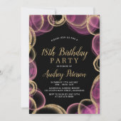 ピンクモダンと金ゴールドサークルブラック18誕生日 招待状 (正面)