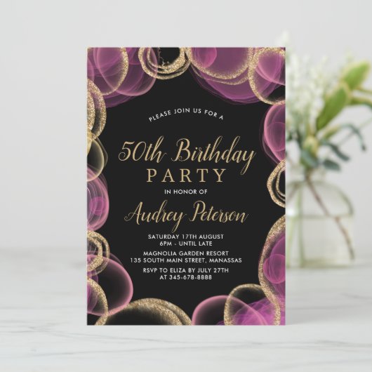 ピンクモダンと金ゴールドサークルブラック50誕生日 招待状 (スタンド正面)
