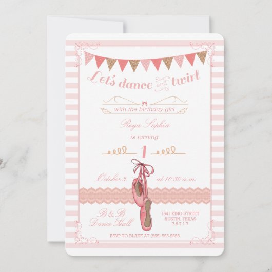 ピンクモダンと金ゴールドバレリーナ誕生日招待状 招待状 (正面)