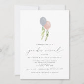 ピンクモダンと青のバルーン性別の表示 招待状 (正面)