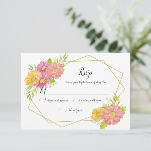 ピンクモダンと黄色のデイジー幾何学的RSVP 出欠カード (スタンド正面)
